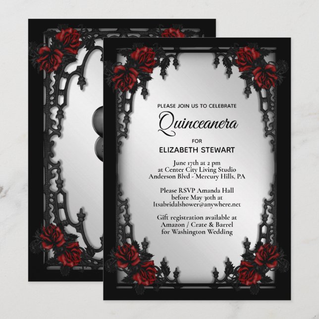Invitación Puerta de hierro de la quinceanera gótica rosa roj (Anverso / Reverso)