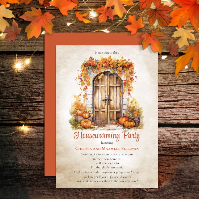 Invitación Puerta de la Madera Caída deja calabazas Fiesta Ca (Warm, cozy vibes is what this design is all about -- create the perfect Housewarming for Fall!)