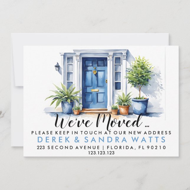 Invitación Puerta delantera azul Cambio de dirección, casa de (Anverso)