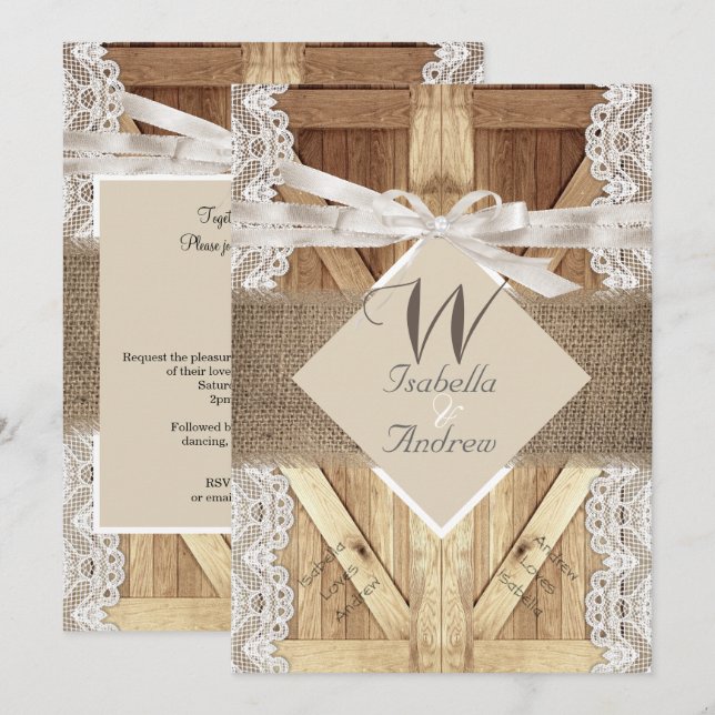 Invitación Puerta Rústica Boda Beige Blanco Encaje Madera Arp (Anverso / Reverso)