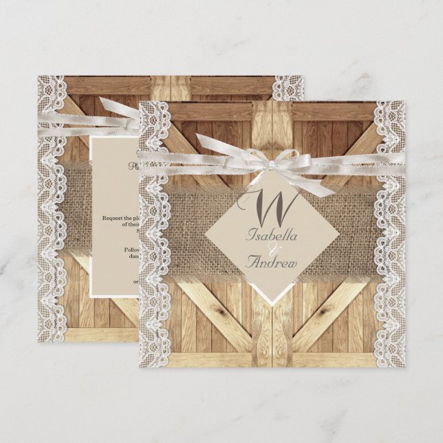 Invitación Puerta Rústica Boda Beige Encaje Blanco Madera Arp (Anverso / Reverso)