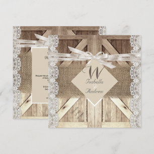Invitación Puerta Rústica Boda Encaje Beige Madera Arpillera