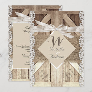 Invitación Puerta Rústica Boda Encaje Madera Arpillera Escrit