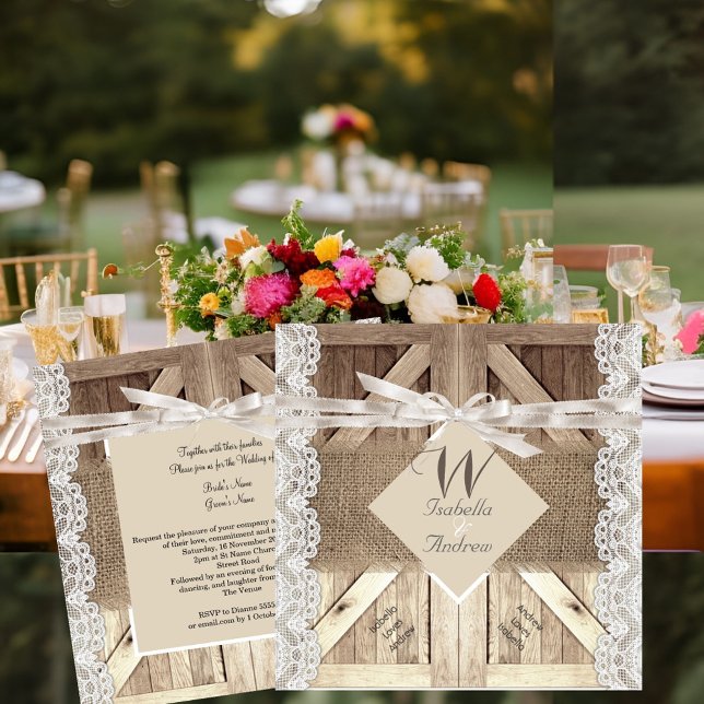 Invitación Puerta Rústica Boda Encaje Madera Arpillera Escrit (Subido por el creador)
