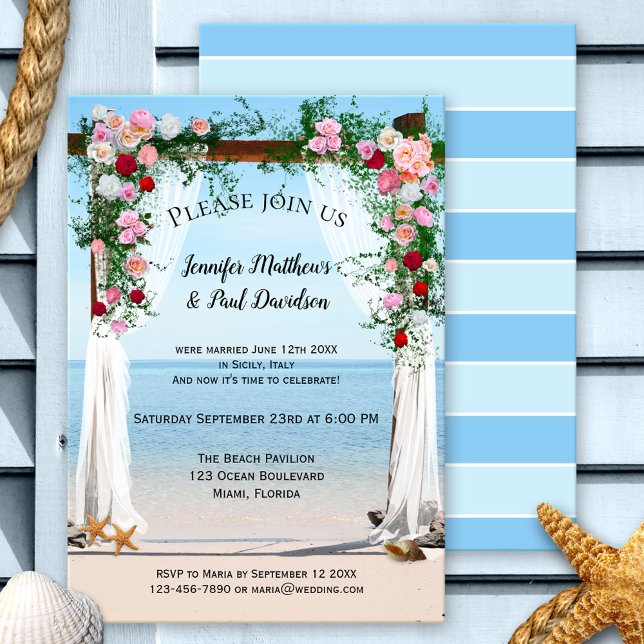 Invitación Puerto de playa con Rosas invitando a la posboda (After wedding elopement party invitation featuring an image of an arbor with roses at the beach)