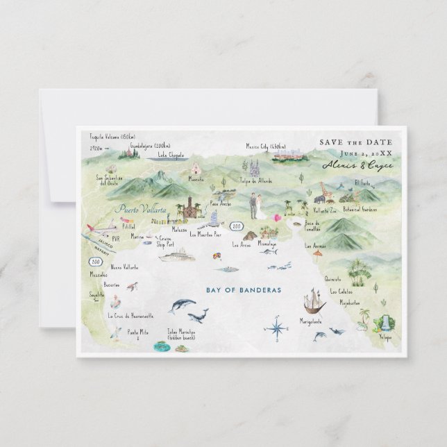 Invitación Puerto Vallarta, México | Mapa tinerario Boda (Anverso)