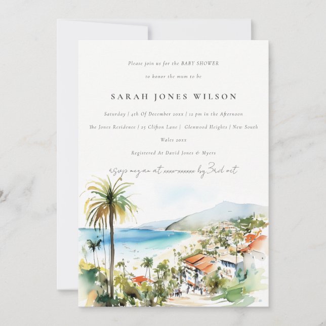 Invitación Puerto Vallarta Mexico Watercolor Baby Shower (Anverso)