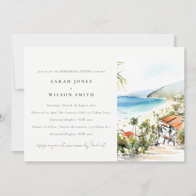 Invitación Puerto Vallarta Mexico Watercolor Rehearsal Dinner (Anverso)