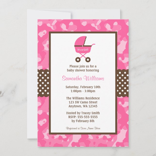 Invitación Puertos Camo Pink Brown Carriage Dots Baby Shower (Anverso)