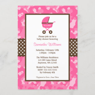Invitación Puertos Camo Pink Brown Carriage Dots Baby Shower