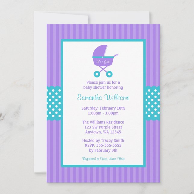 Invitación Puertos rayados morados y Verde azulados Baby Show (Anverso)