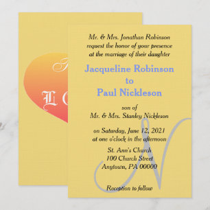 Invitación Puesta de sol Corazón Amarillo Azul Monograma Boda