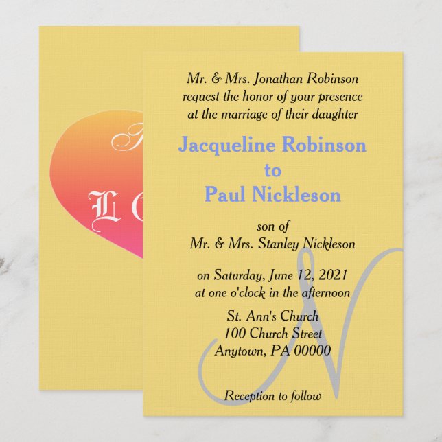 Invitación Puesta de sol Corazón Amarillo Azul Monograma Boda (Anverso / Reverso)