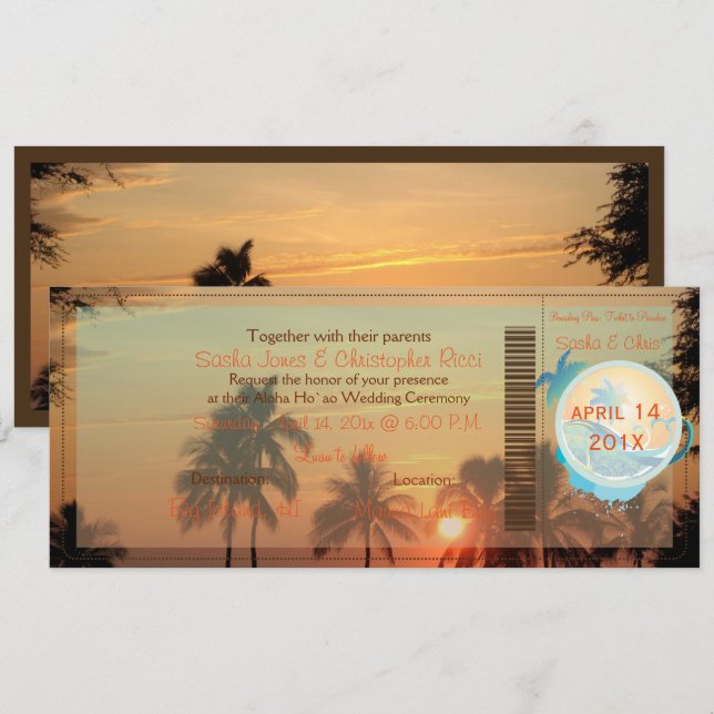 Invitación Puesta de sol de hawaii en PixDezines Boarding Pas (Anverso / Reverso)