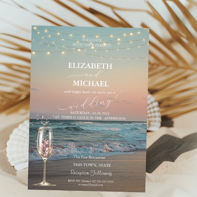 Invitación Puesta de sol en la playa, copa de champán y boda  (Subido por el creador)