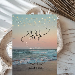 Invitación Puesta de sol en la playa, luces de cadena RSVP  