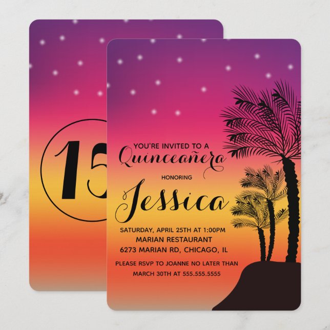 Invitación Puesta de sol tropical Quinceañera Dulces 15 (Anverso / Reverso)