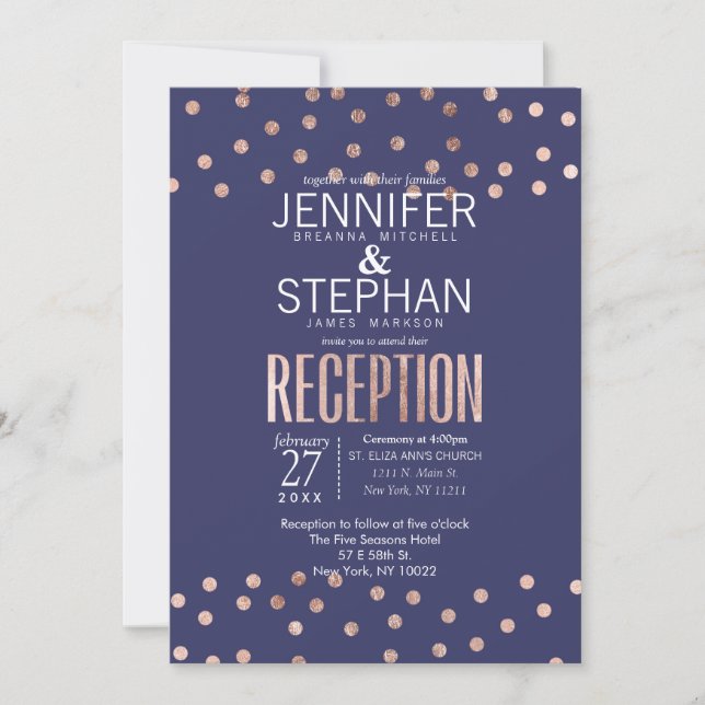 Invitación Puestos de polka dorada y recepción azul de la mar (Anverso)