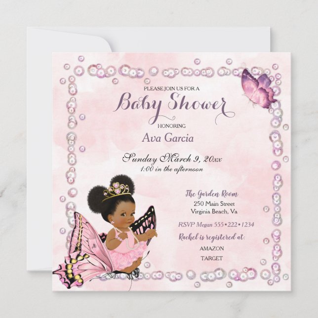 Invitación Pufas de Princesa Mariposa para Bebé Niña (Anverso)