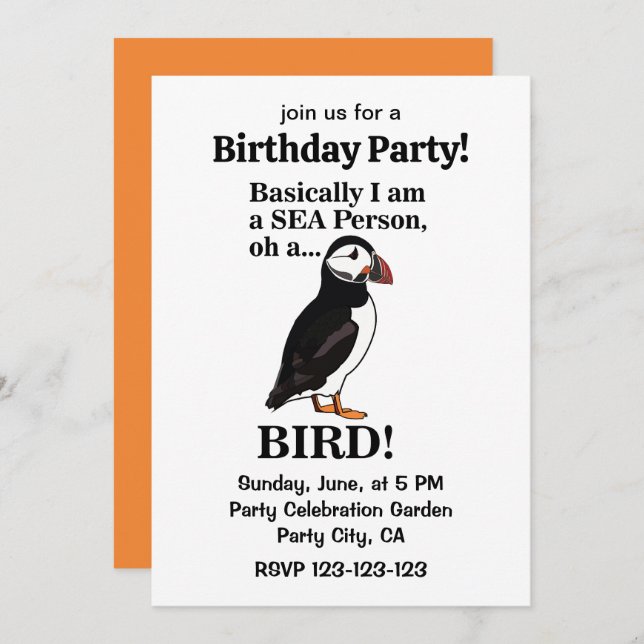 Invitación Puffin Bird Seabird Funny Birday Party (Anverso / Reverso)