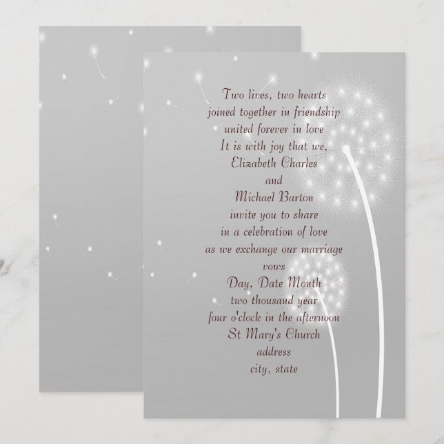 Invitación Puffs de Diente de León, Gris, Elegante, Invitació (Anverso / Reverso)