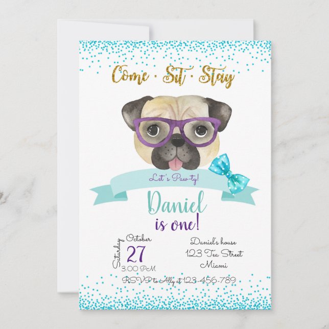 Invitación Pug Birthday Invitation, Pug Invite (Anverso)