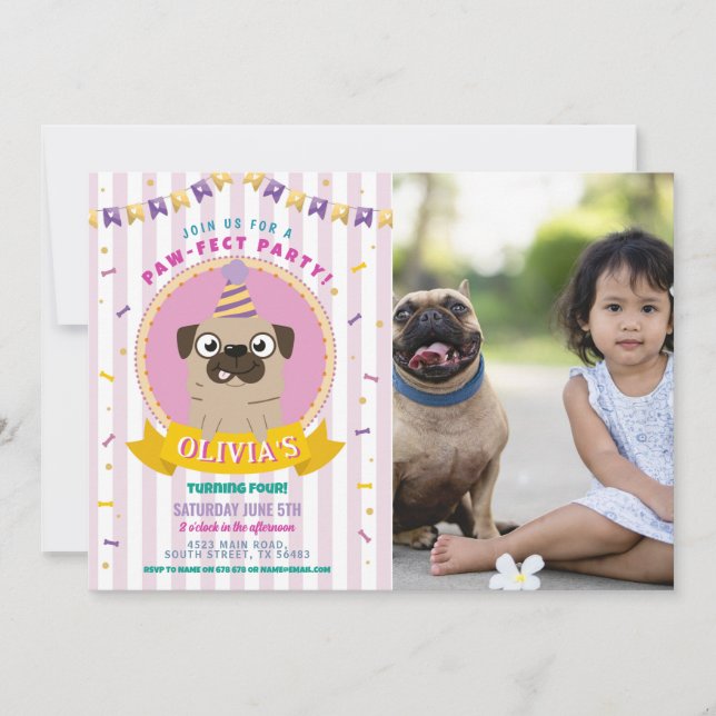 Invitación Pug Cumpleaños Fiesta de Doggy Perro Confetti Foto (Anverso)