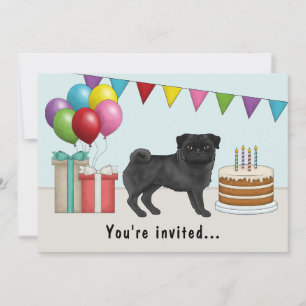 Invitación Pug de color negro, perro de dibujos animados lind