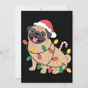 Invitación Pug de Navidad Perro Gorro de Santa Luces Caña de