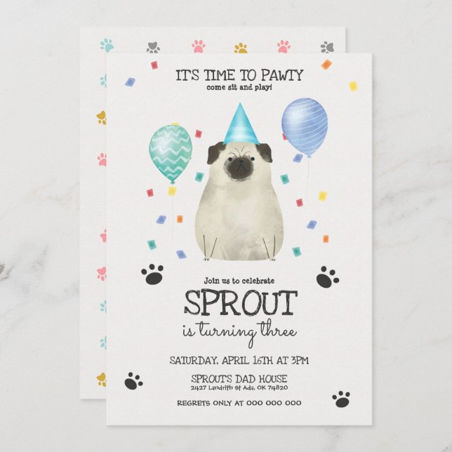 Invitación Pug Deja Que El Perro Pintado Invite A Cumpleaños  (Anverso / Reverso)
