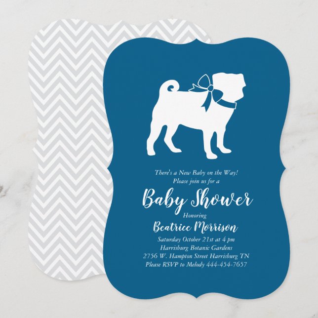 Invitación Pug Dog Baby Shower Blue para Boy (Anverso / Reverso)
