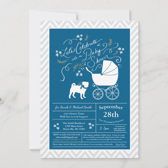 Invitación Pug Dog Baby Shower Blue para Boy (Anverso)