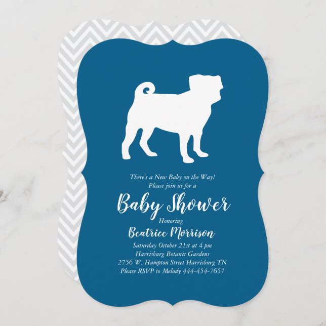 Invitación Pug Dog Baby Shower Blue para Boy (Anverso / Reverso)