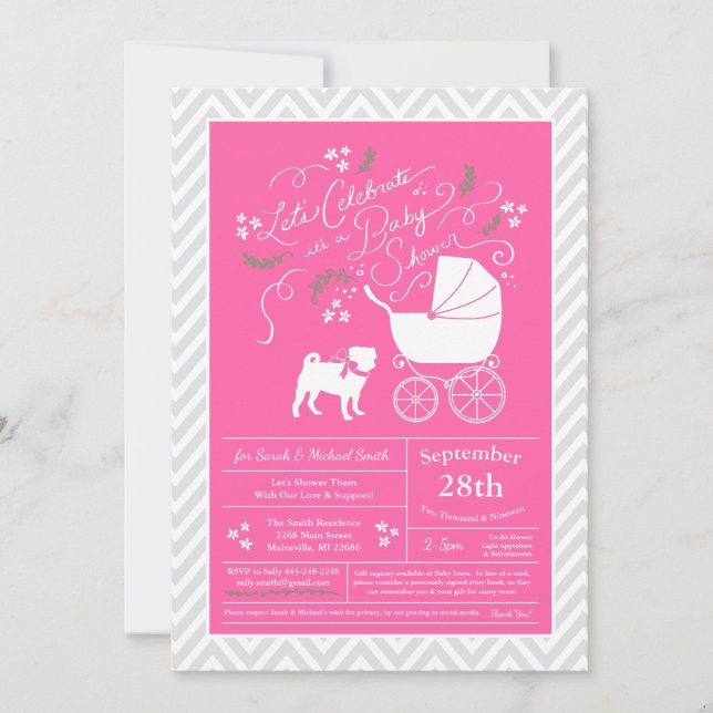 Invitación Pug Dog Baby Shower Puppy Pink Chica (Anverso)