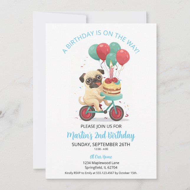 Invitación Pug en bicicleta con Fiesta de Pastel de Segundo C (Anverso)