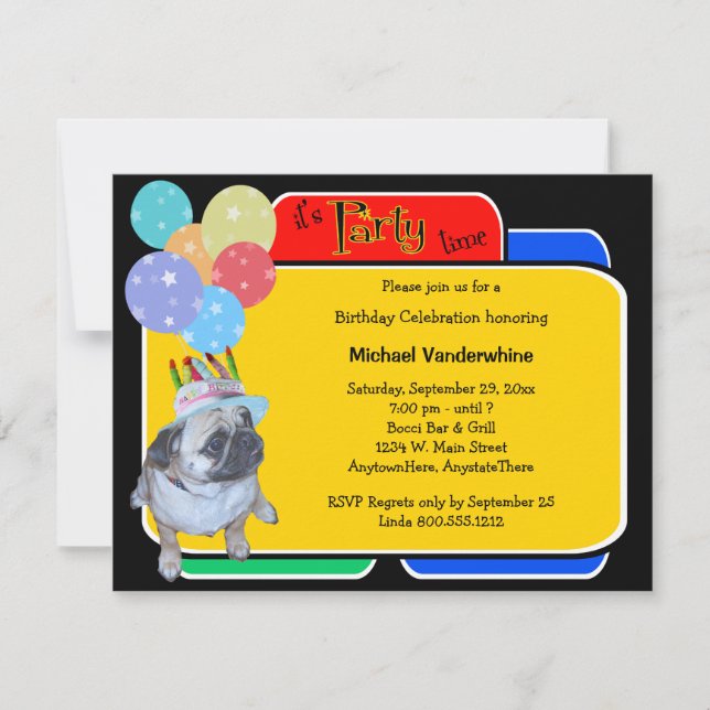 Invitación Pug En Un Bocero De Cumpleaños Gorra (Anverso)