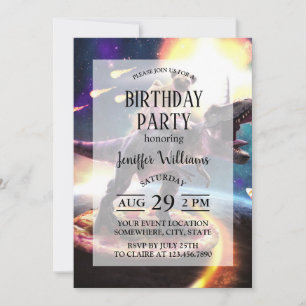 Invitación Pug montando dinosaurio unicornio en el espacio