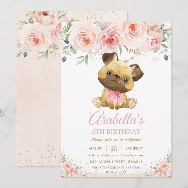 Invitación Pug Puppy Dog Rubor Chica Floral Rosa Cumpleaños (Anverso / Reverso)