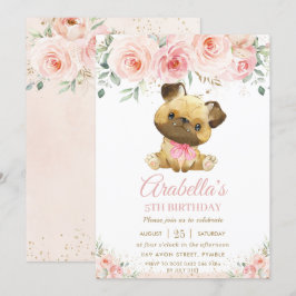 Invitación Pug Puppy Dog Rubor Chica Floral Rosa Cumpleaños