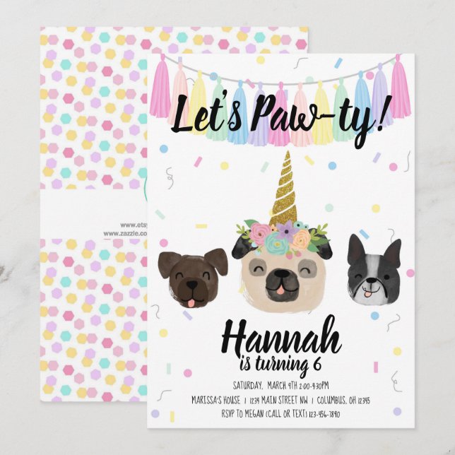 Invitación Pug Unicorn Cachorro de perro (Anverso / Reverso)