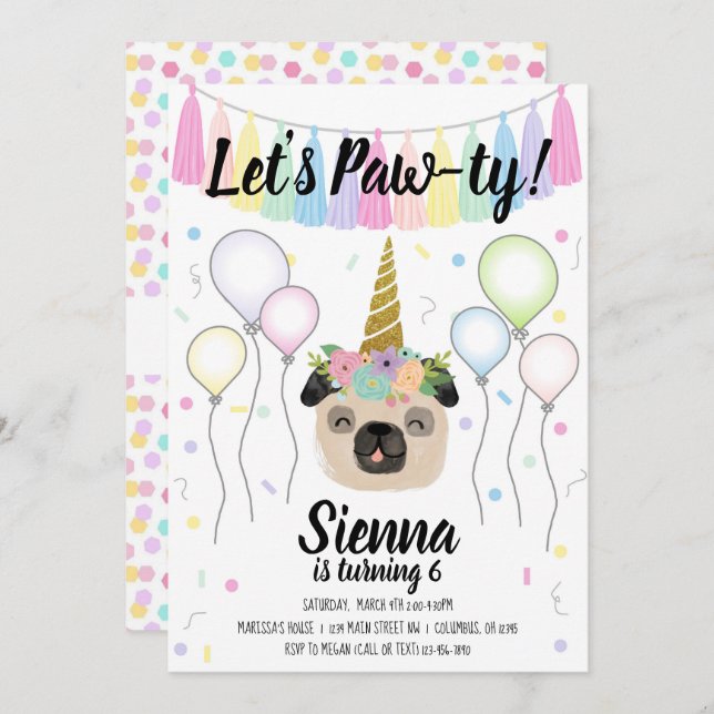 Invitación Pug Unicorn Puppy Dog Birthday Pawday (Anverso / Reverso)
