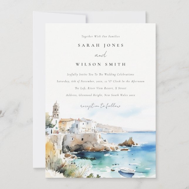 Invitación Puglia, Italy Watercolor Landscape Wedding (Anverso)