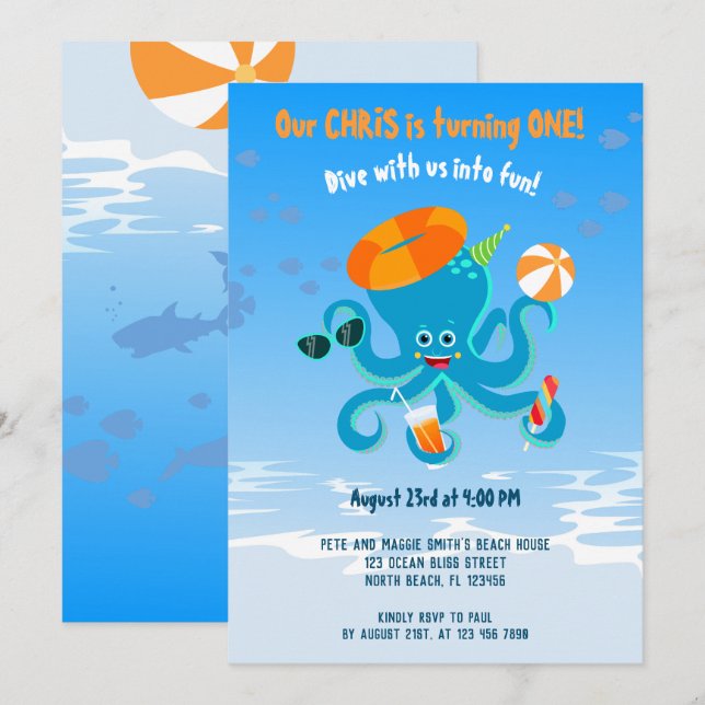 Invitación Pulpito Azul Bajo el Mar Cumpleaños de Niño Fiesta (Anverso / Reverso)