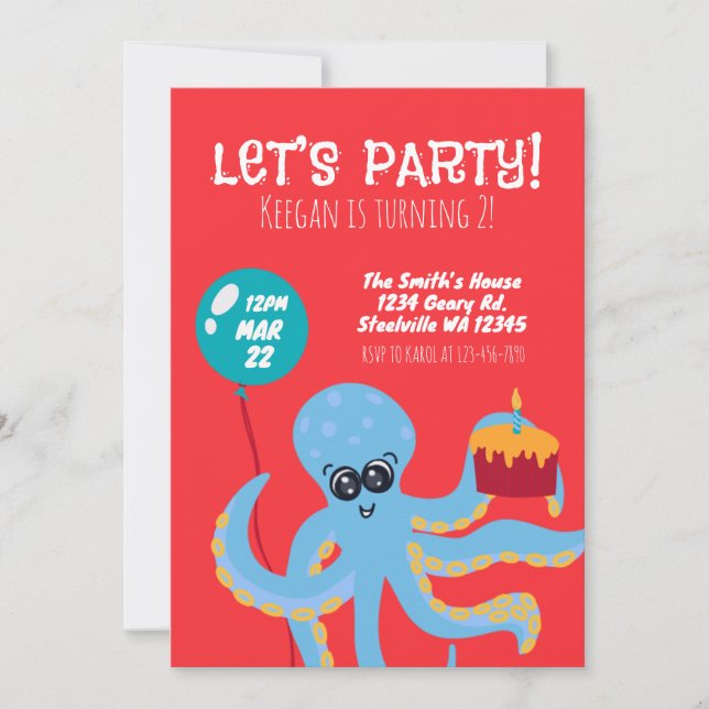 Invitación Pulpito Colorido de Cumpleaños número dos de Niños (Anverso)