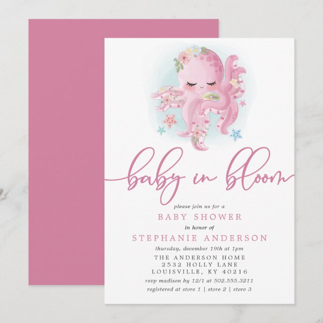 Invitación Pulpo Bonito Rosa Bebé En Flor Baby Shower (Anverso / Reverso)