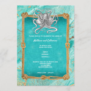 Invitación Pulpo cuerda marco océano azul dorado náutico
