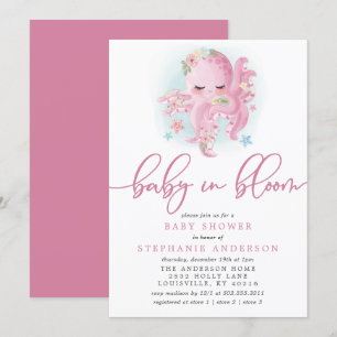 Invitación Pulpo Lindo Rosa Bebé En Flor Nacimiento