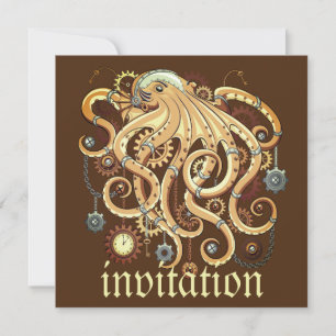 Invitación Pulpo Steampunk Retro Fantasía Mecánica