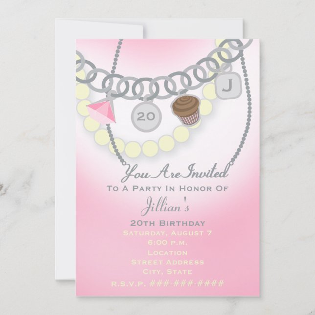 Invitación Pulsera con dije de cumpleaños y joyas de perlas i (Anverso)