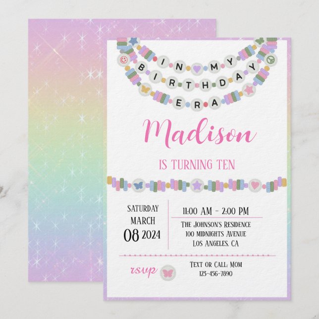 Invitación Pulsera de Amistad Chicas Cumpleaños Era Fiesta  (Anverso / Reverso)